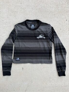Lurking Class Sketchy Tank Striped Crop Long Sleeve Tee Black Grey Women M